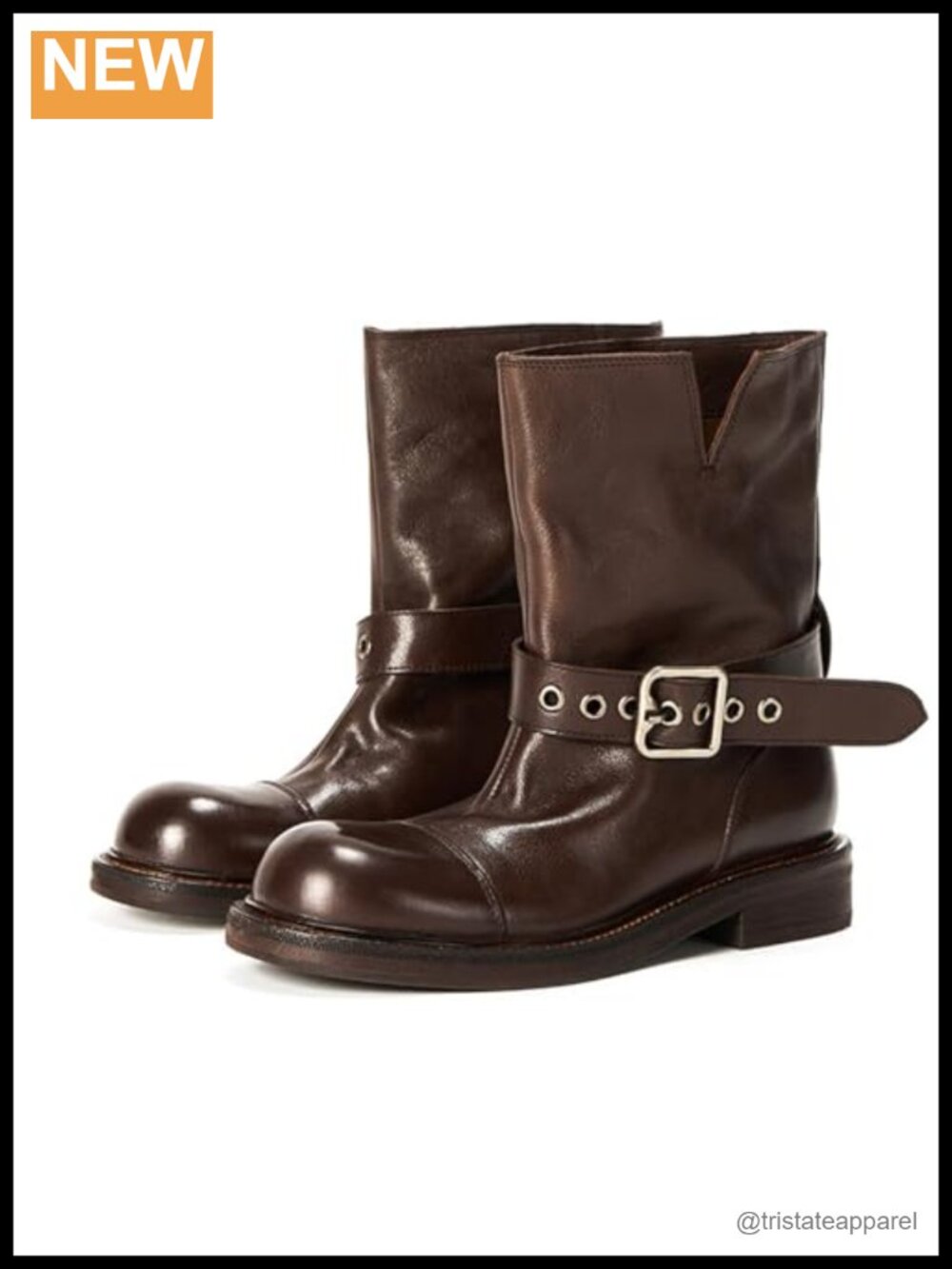 Western Ankle Boots Round Toe Flat Heel Slip-On with Silver Buckle